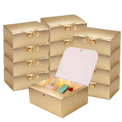 LWYMX 12 PCS Gold Gift Boxes with Lids，9.8x7.8x3.9, Bridesmaid Proposal Box with Ribbon, Gift Boxes for Wedding, Christmas, Valentine's Day,Birthday,Baby Shower and the other Parties - color: Gold, size: 1 Count (Pack of 12)
