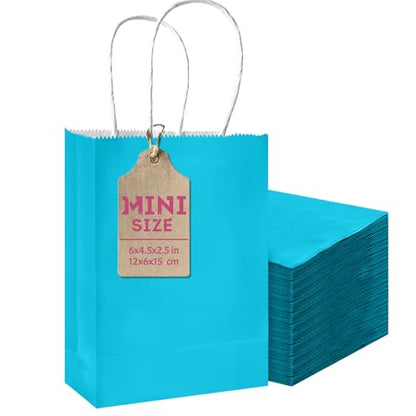 qiqee 24PCS Mini Gift Bag with Handles Bulk 4.5"x2.5"x6" Gift Bags Lake Blue Bags Multiple Uses - color: Lake Blue