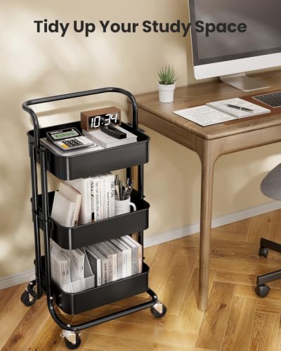 Pipishell Metal 3 Tier Rolling Cart with Handle & 2 Lockable Wheels, Black - color: Black, size: 3-Tier