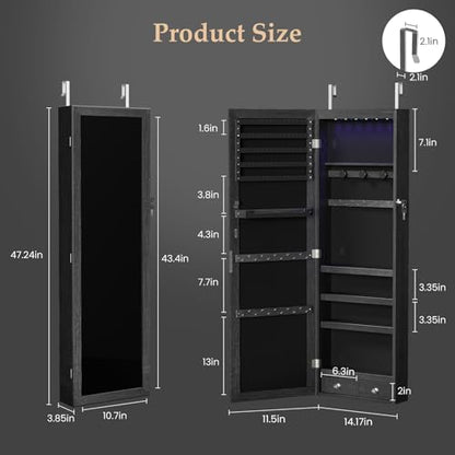 DUMOS 6 LEDs Mirror Jewelry Organizer Cabinet, Jewelry Armoire, 47.2 Inch - color: Black