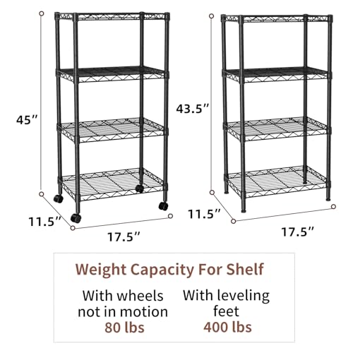 SINGAYE 4 Shelves Storage Shelf Wire Shelving Unit Metal Adjustable Wheels - color: Black, size: 4Tier/11.5"D X 17.5"W X 45"H