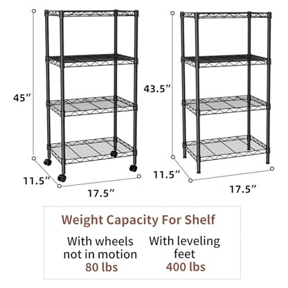 SINGAYE 4 Shelves Storage Shelf Wire Shelving Unit Metal Adjustable Wheels - color: Black, size: 4Tier/11.5"D X 17.5"W X 45"H