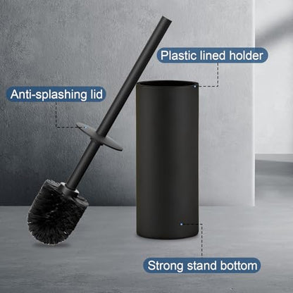Toilet Brush and Holder Set, NEWRAIN 304 Stainless Steel Toilet Brush with Long Brush Handle, Matte Black Toilet Scrubber and Covered Holder, Round Design Sturdy and Space Saving, Covered Brush - color: Matte Black