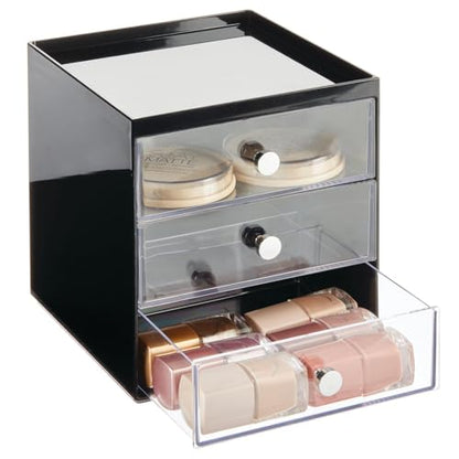 mDesign Makeup Organizer Storage Station Cube with 3 Drawers for Bathroom Vanity, Cabinet, Countertops - Holds Lip Gloss, Eyeshadow Palettes, Brushes, Blush, Mascara - Black/Clear - color: Black/Clear