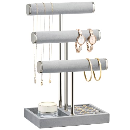 Jewelry Organizer Stand Display, 3 Tier Velvet Bracelet Holder, Grey - color: Grey, size: Standard