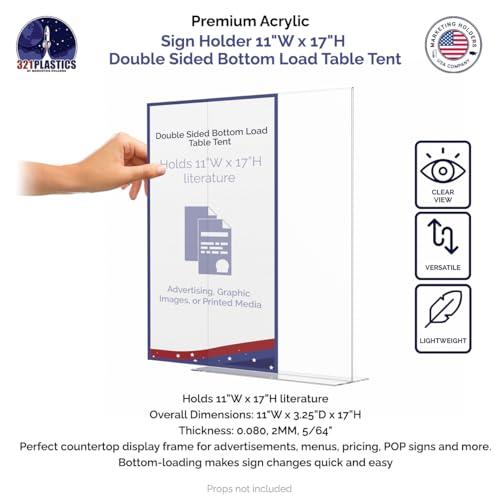 Marketing Holders 6 Pack Acrylic Sign Holder for 11" x 17" Literature Double Sided Stand Up Frame Clear Bottom Loading Tabletop Graphic Image Display for Libraries Schools and Retail Stores - size: 11"W x 17"H Bottom Load
