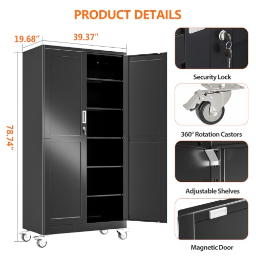 pozdeg 78.74" Black Lockable Rolling Metal Garage Storage Cabinet - color: Black, size: 19.68"D x 39.37"W x 78.74"H