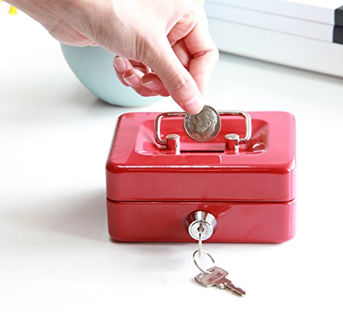 Small Cash Box with Lock and Slot - Jssmst Metal Coin Bank Piggy Bank for Adults and Kids, Red(SMCB0303N) - color: Red, size: XS(4.92")-slot