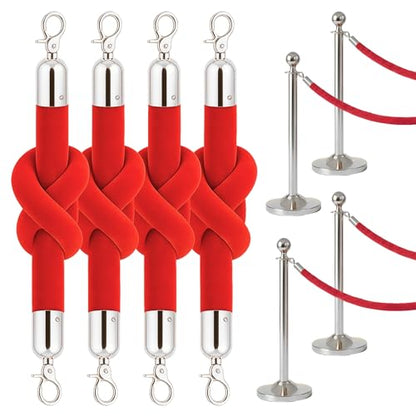 5 Ft Red Velvet Rope - 4 PCS Red Carpet Velvet Rope for Parties Crowd Ceremonies Hanging Stanchion for Queue Line Safe Control - color: Red + Silver