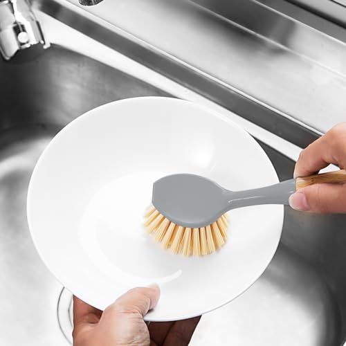2 Pack Dish Brushes with Bamboo Handle, Kitchen Dish Scrubber Built-in Scraper, Scrub Brush for Pans, Pots, Counter & Kitchen Sink Cleaning, Dishwashing and Cleaning, Perfect Cleaning Tools, Gray - color: Gray
