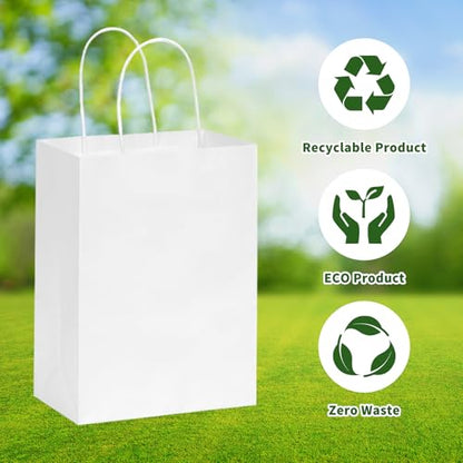 OUTUXED 150pcs White Paper Bags with Handles, 8x4x10 Gift Bags with Handles - color: White 8x4x10in, size: 1 Count (Pack of 150)