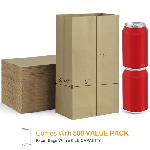 BagDream #6 Brown Paper Lunch Bags 6x3.54x11 Kraft Paper Bags 500 Bulk Pack - color: Brown
