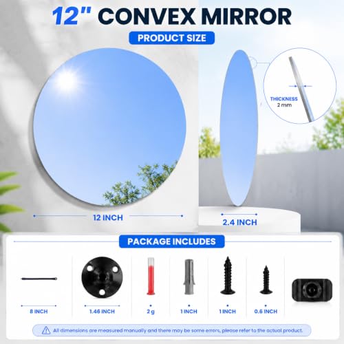 12" HD Frameless Acrylic Convex Mirror, Wide Angle Garage Blind Spot Mirror - size: 12 inch wide-angle lens+base