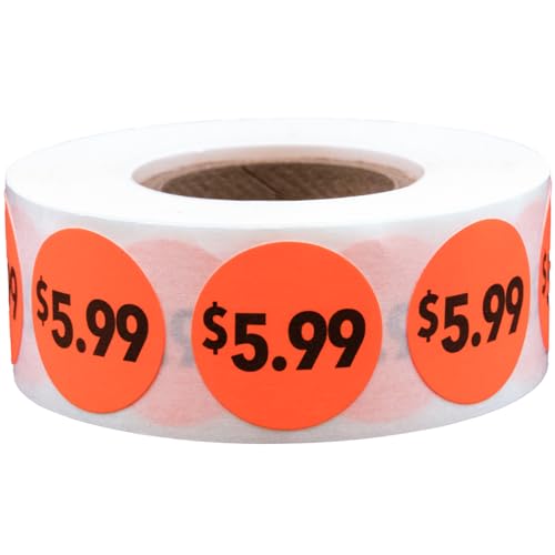 Fluorescent Red 5.99 Circle Dot Stickers, 3/4 Inch Round Price Labels, 500 Total Adhesive Stickers on a Roll for Retail Pricing, Inventory, Sales, and Promotions – Made in The USA - color: $5.99