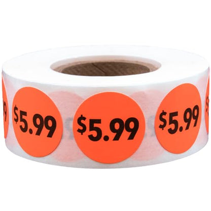 Fluorescent Red 5.99 Circle Dot Stickers, 3/4 Inch Round Price Labels, 500 Total Adhesive Stickers on a Roll for Retail Pricing, Inventory, Sales, and Promotions – Made in The USA - color: $5.99