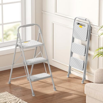 KINGRACK 3 Step Ladder, Folding Step Stool with Safety Lock & Sturdy Anti-Slip Pedals, Pass 800lbs Load Testing, Lightweight, Portable Steel Ladder with Handrails for Home, Kitchen, Garage, Office - size: 3-step