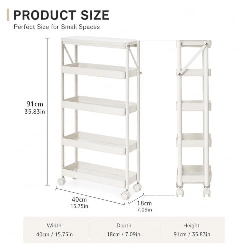 5 Tier Foldable Rolling Cart, Collapsible Storage Cart with Wheels - color: White, size: 4 Tier with Wooden Top