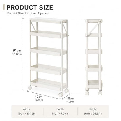 5 Tier Foldable Rolling Cart, Collapsible Storage Cart with Wheels - color: White, size: 4 Tier with Wooden Top