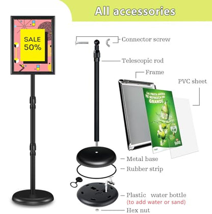 SZCY LLC Adjustable Sign Holder Stand 8.5x11 inch, Floor Standing Sign Holder, 360° Rotation, Signage Stand with Snap-Open Frame Display, Outdoor Indoor Standing Display Sign Holders for advertising