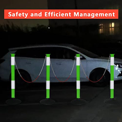 Traffic Delineator Post with Weighted Base & Reflective Collars,Adjustable Parking Cones,Orange Driveway Barrier Stanchion with 4 FT Chains for Traffic Crowd Control（Patented） - size: 4 Pack-Green