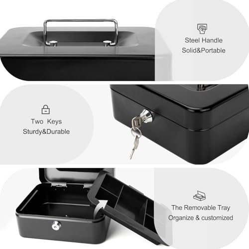 Jssmst Locking Medium Steel Cash Box with Money Tray,Lock Box,Black - color: Black, size: M(7.87")