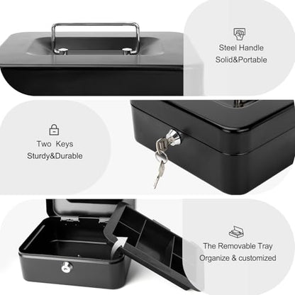 Jssmst Locking Medium Steel Cash Box with Money Tray,Lock Box,Black - color: Black, size: M(7.87")