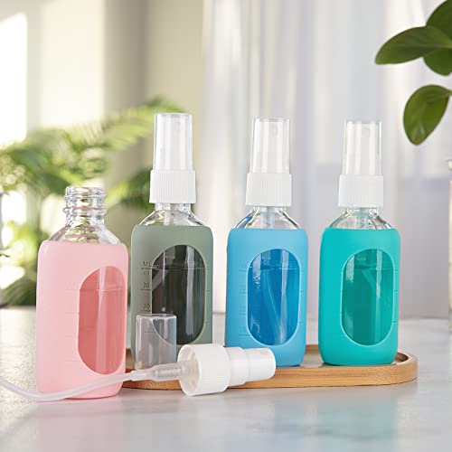 HOMBYS Empty Clear Glass 2oz Small Spray Bottles with Silicone Sleeve Protection - Refillable Containers for Travel, Cleaning Solutions, Essential Oils, Sanitizers - Fine Mist Spray - 4 Pack-Clear - color: Green,Blue,Pink,Army Green