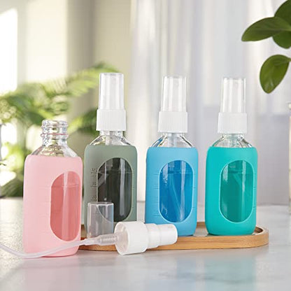 HOMBYS Empty Clear Glass 2oz Small Spray Bottles with Silicone Sleeve Protection - Refillable Containers for Travel, Cleaning Solutions, Essential Oils, Sanitizers - Fine Mist Spray - 4 Pack-Clear - color: Green,Blue,Pink,Army Green