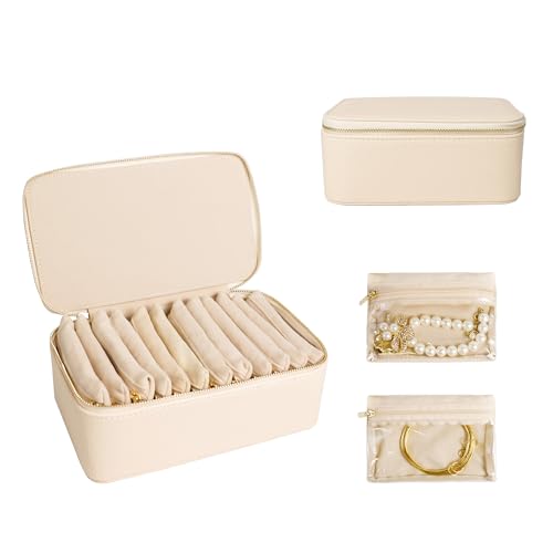 Travel Jewelry Case, Small Travel Jewelry Box with 12 Velvet Jewelry Bag Mini Pouch, Portable Travel Jewelry Organizer for Rings Earrings Necklaces (Beige 12 Pcs) - color: Beige 12 Pcs