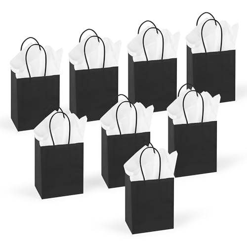 DjinnGlory 60 Pack Tiny Mini Black Paper Gift Party Goodie Bags with Handles Bulk 6.3 x 4.7 x 2.75 Inch for Halloween Birthday Favors Treats, DIY Crafts, Small Business Merchandise Kraft Bags - color: Black