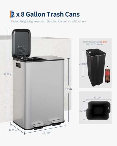 Garvee Double Trash Can, 2 x 8 gal (2 x 30 L) Garbage Can for Kitchen Dual Compartment Recycling Kitchen Step Trash Bin, Stainless Steel Trash and Recycle Bin Combo with Soft-Close Lid,Silver - color: Silver, size: 2 x 8 Gallon