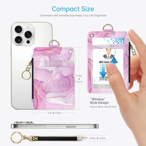 2-in-1 ID Badge Holder & Lanyard Wallet，Cute Zippered Pouch Pink Marble - color: Pink Marble