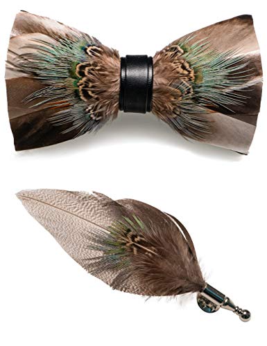 RBOCOTT Handmade Feather Pre-tied Bow tie and Brooch Sets for Men - color: Brown/Turqupise