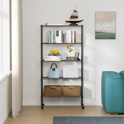 FDW | 5-Tier Wire Shelf with Wheels | 30" x 14" x 61" | Black - color: Black, size: 5-Shelf With Wheels