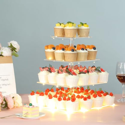 4 Tier Cupcake Stand Cupcake Holder with LED, Acrylic Square Cupcake Tower