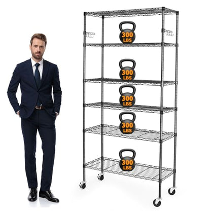 BolDuck 6 Tier Storage Shelves with Wheels, 2100lbs Capacity Heavy Duty Shelving Units, 14x36x75inch Adjustable Metal Shelf Wire Shelving Rack for Garage, Kitchen, Office, Black - size: 6 Tier Shelf