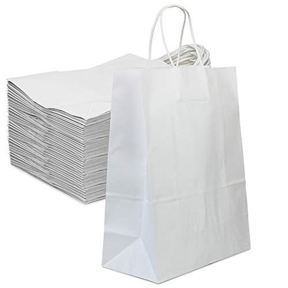 FMP Brands 50 Pack White Paper Bags with Handles 13 x 10 x 5Inch 12 LB Twisted Rope Retail Shopping Gift Durable Bleached Barrel Sack