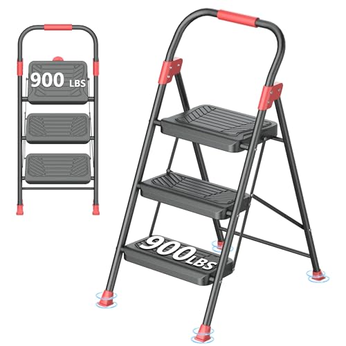 DIAMONDFORGE 3 Step Ladder, Folding Step Stool with Anti-Slip Wide Pedal, Soft Handle, Anti-Slip Feet, Sturdiest Steel Construction, 900lbs Capacity Steel Ladder for Home and Office, BlackRed - color: Blackred, size: 3 Step