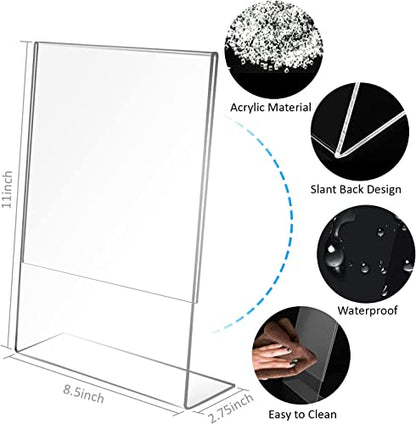 8.5x11 Inches Acrylic Sign Slant Back Holder, Plastic Display Stand,Brochure Holder, Table Top Sign Holder For Office, Home, Store, Restaurant(6pack)