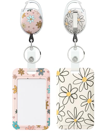 Uniclife 2 Pack Floral Sliding Badge Holder Vertical Flower Plastic Card Case Protector with Retractable Badge Reel Carabiner for Office School ID Credit Proximity Key Women Nurse Teacher Student - color: Pink & Beige Base Daisy