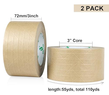 BOMEI PACK Wide Brown Reinforced Kraft Paper Packing Tape 3inch, 2Rolls Self Adhesive Paper Gummed Packing Tape, for Heavy Duty Packaging, Shipping, Moving and Storage, 3InchX55yds - size: 3in x 55yds