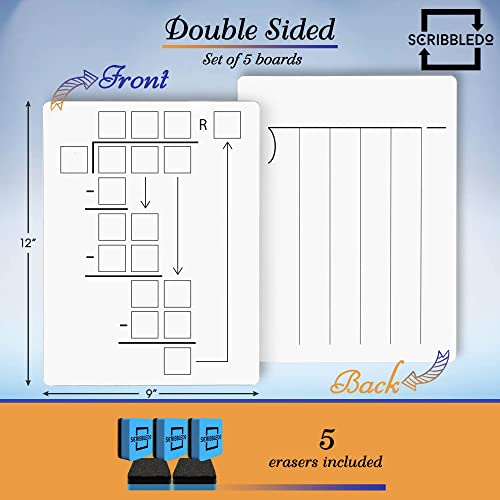 SCRIBBLEDO Long Division Dry Erase White Boards 9x12, Double-Sided, 5 Pack