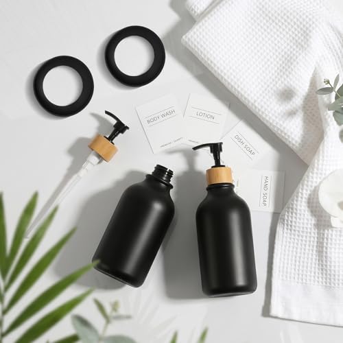KASUNTING Hand Soap Dispenser Bathroom with Anti-Slip Silicone Boot, Black Dish Soap Dispenser for Kitchen, 2 Pack 17 Fl Oz Plastic Hand and Dish Soap Dispensers Set with Bamboo Pump - color: Black, size: 2 Bottles with Silicone Boots