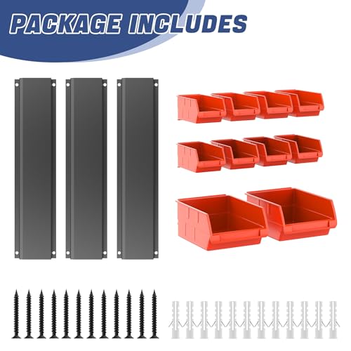 WALMANN Wall Mount Storage Bins for Small Parts, 10 Bins with 3 Metal Rails - color: Orange-red
