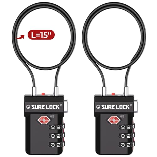 SURE LOCK 3 Digit TSA Approved Luggage Locks - color: BLACK 2 PACK 15''CABLE, size: 15-Inch Long Cable