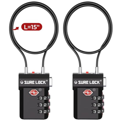 SURE LOCK 3 Digit TSA Approved Luggage Locks - color: BLACK 2 PACK 15''CABLE, size: 15-Inch Long Cable