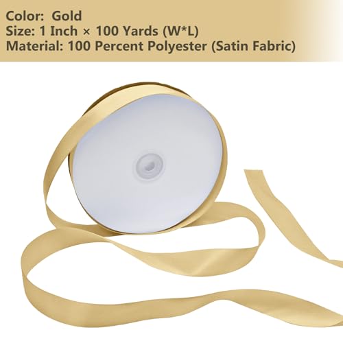 Gold Satin Ribbon 1 Inch 100 Yards, for Wedding Gift Wrapping - color: Gold