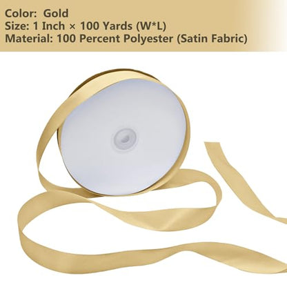 Gold Satin Ribbon 1 Inch 100 Yards, for Wedding Gift Wrapping - color: Gold