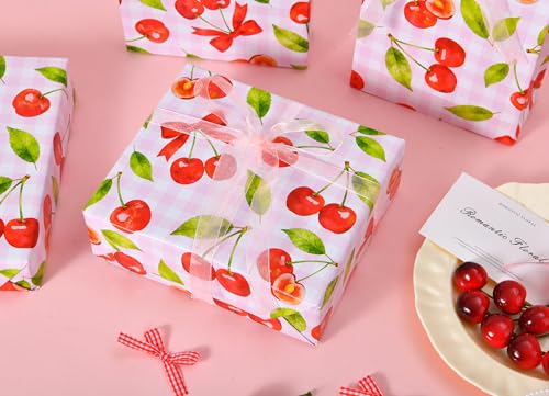 Sikiweiter Cherry Wrapping Paper Roll - 17" x 16.5 ft - Pink Gingham with Red Cherries and Bows - Gift Wrap for Birthday, Party, Baby Shower, Sweet Themes(Cherry) - color: Cherry