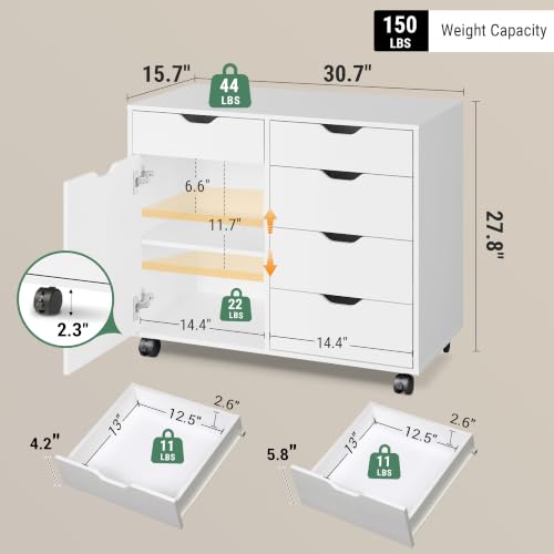 DEVAISE 5-Drawer Wood Office Cabinet, Craft Storage Cabinet, White - color: White - 3 Medium + 2 Small